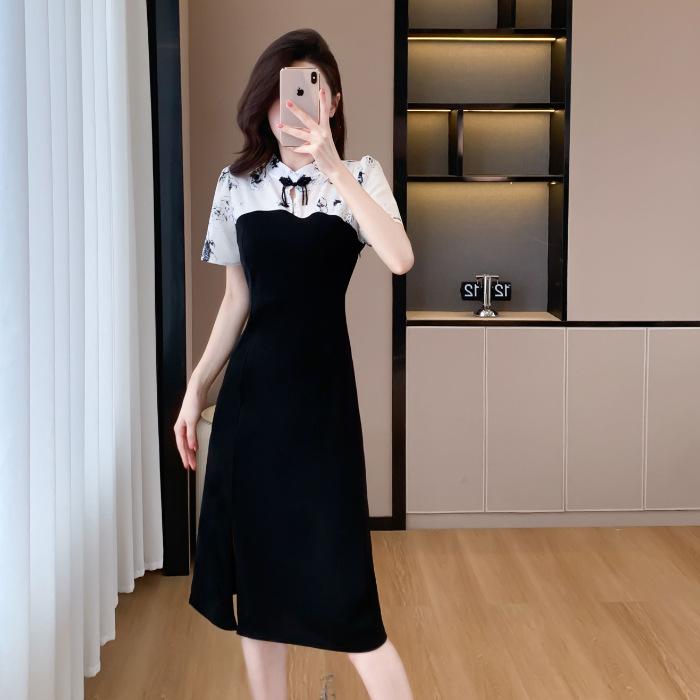 

New Chinese style cheongsam, small disc button dress, summer new splicing temperament meat-covering short-sleeved skirt S