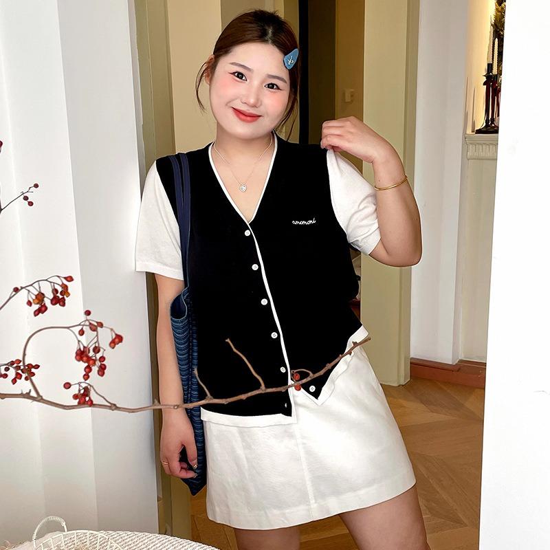 Women's Color-blocking Top Women's Embroidered Knitted Sweater Short-sleeved Cardigan