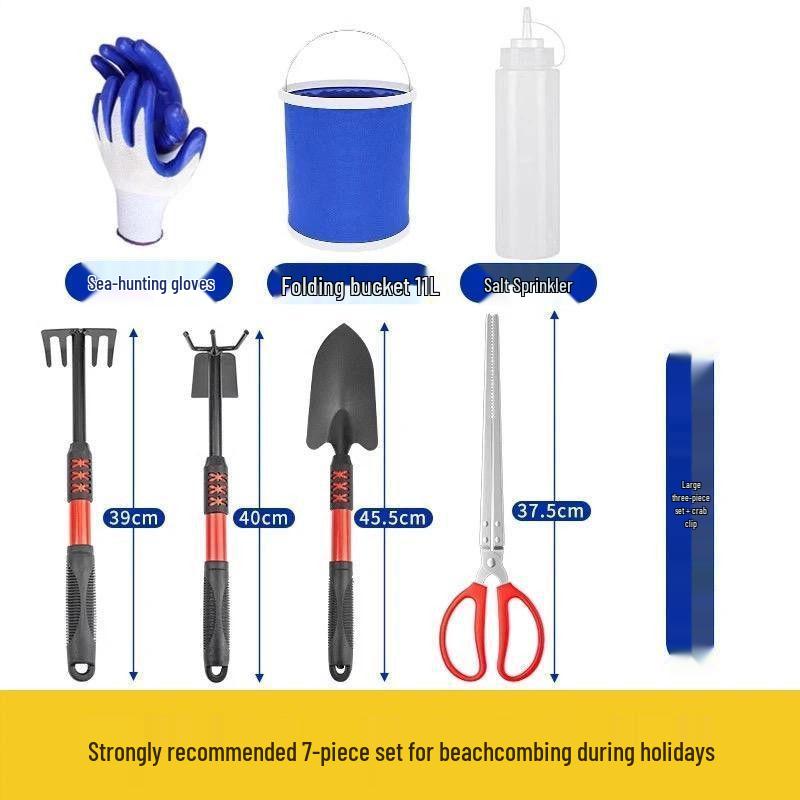 Tide-Chasing Tool Set: Adult Clam & Crab Digger with Gloves, Beach Shovel, Tongs, Kids' Gear, and Sand Rake.