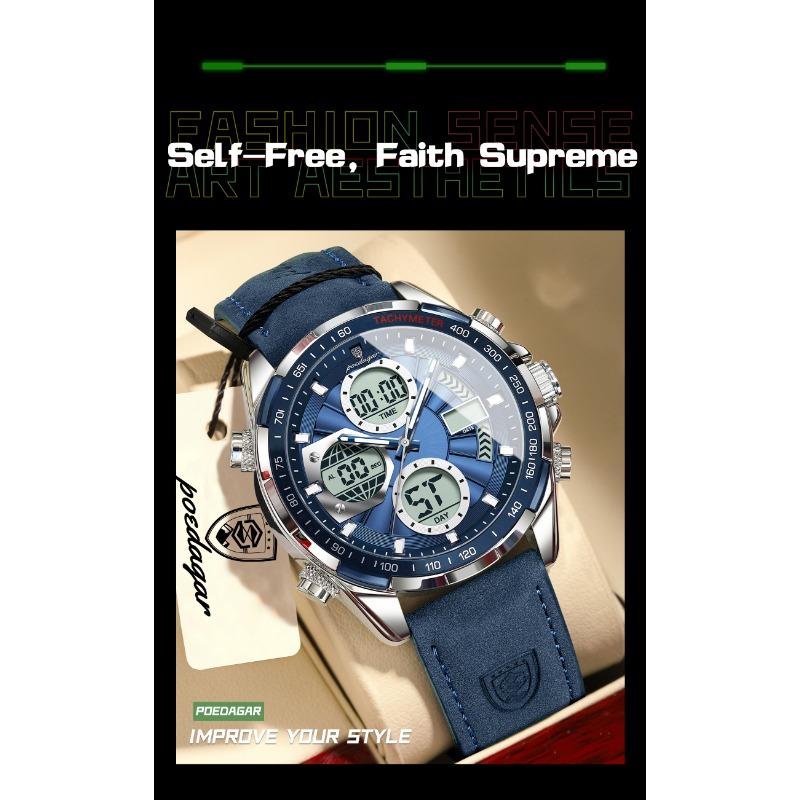 POEDAGAR Men Wristwatch Week Date Digital LED Quartz Fashion Clock Alarm Dual Time Display Electronic Luminous Watches