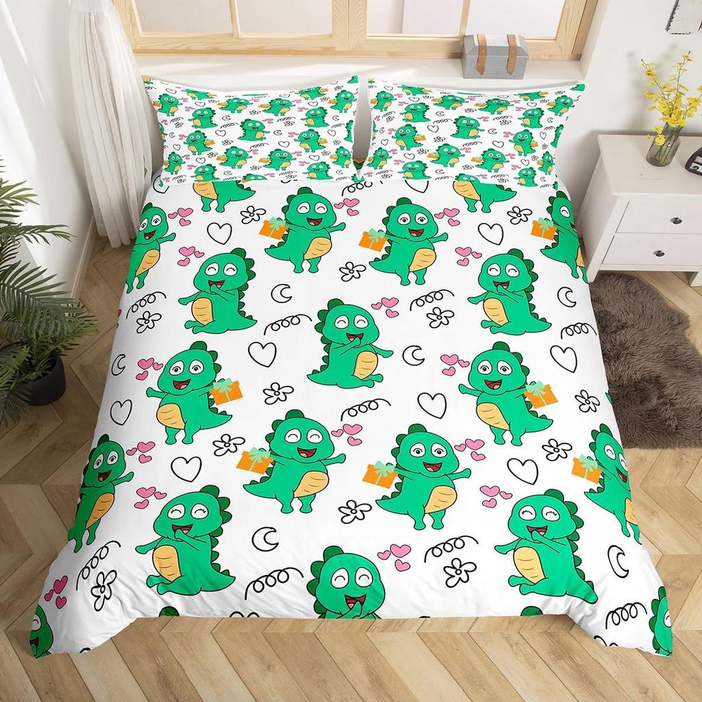Dinosaur Duvet Cover Set Queen Twin Size,3Pcs Cartoon Dino Print Bedding Set for Kids Boys Room,Soft Microfiber Comforter Cover