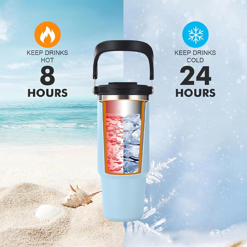 Cană izolată prin vid de 900 ml/30 oz, Material Tritan fără BPA, Potrivită pentru Toate Modelele de pe Piață, cu Mâner și Capac Etanș