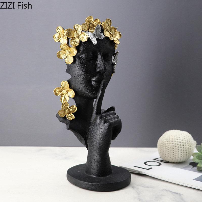 Gold Plated Portrait Sculpture Silence Is Gold Garland Figure Statue Desk Decoration Character Resins Ornaments Abstract Crafts