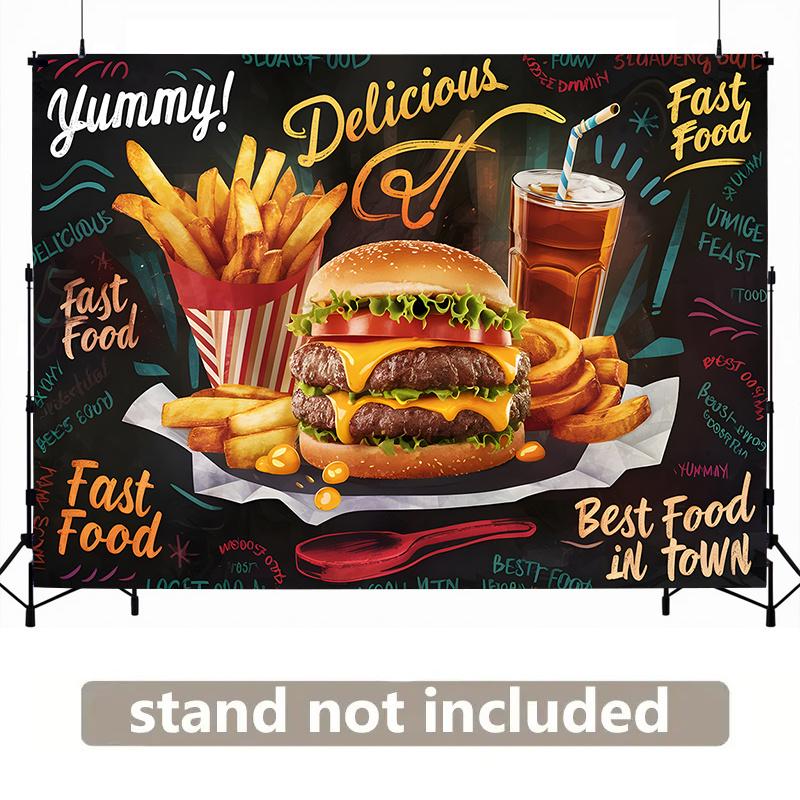 1 hamburger and French fries fast food themed banner designed as "Delicious! Delicious!" with multiple sizes to choose from