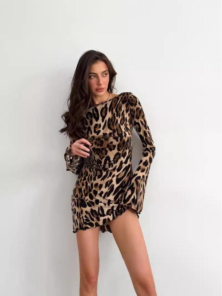 2024 European & American Women's Leopard Print High-Waisted Long-Sleeve Dress - Autumn/Winter Collection