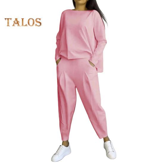 2 Pcs/Set Fall Spring Women Top Pants Set Long Sleeves O Neck T-shirt Elastic Waist Trousers with Side Pockets OL Commuting Sport Pantsuit Outfit