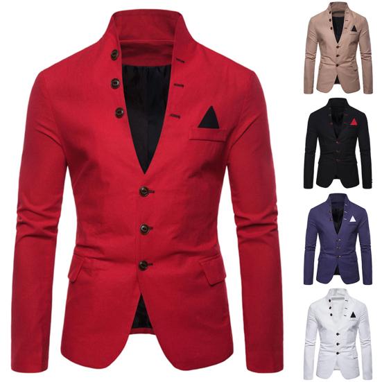 Costume Smoking Blazer Homme Manches Longues Col Montant 3 Boutons Poche Veste Manteau Slim