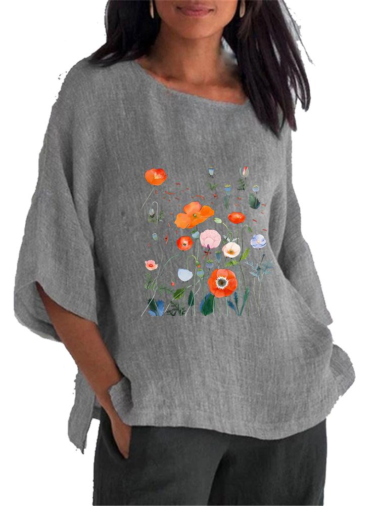 Damen Mode O-Ausschnitt Print Shirt Frühling&Sommer 3/4 Langarm Oberteil Damen Baumwolle Leinen Bluse