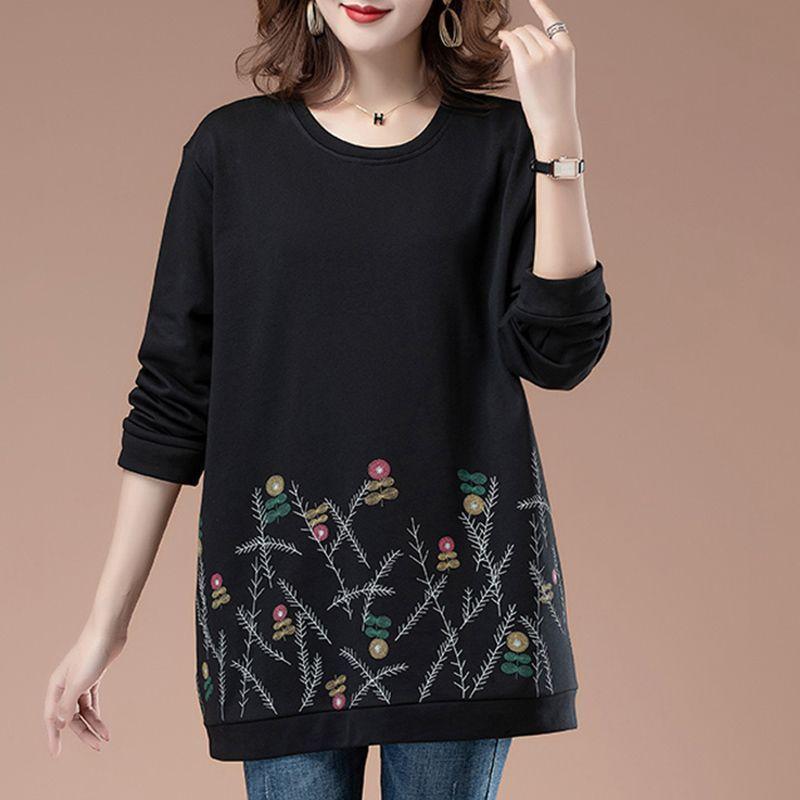 Women's Round Neck Plus Size T-shirt  Autumn and Winter New Loose Midi Long Sleeve Printing Pocket Folk Commute Hoodies Tops