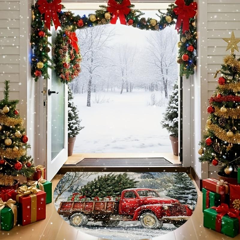 1Pcs Christmas Truck Tree Semi Circle Welcome Doormat Non-Slip for Outdoor Patio Porch Kitchen Bathroom Entryway Floor Mat