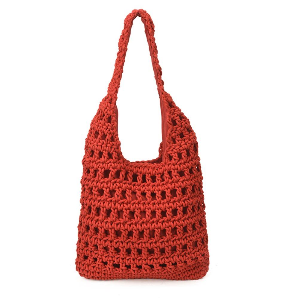 Braided Crochet Tote Bag Solid Color Beach Bag Fashion Hollow Out Knitted Weave Bag  Daily