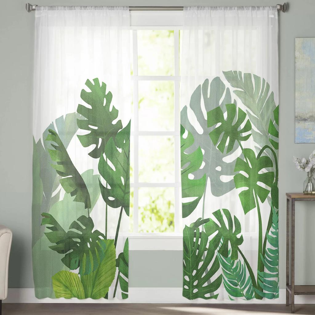 Luxury Tropical Plants Monstera Palm Leaves Curtains Living Room Printed Tulle Window Curtain Home Balcony Decor Drapes With Sheer Polyester Perfect