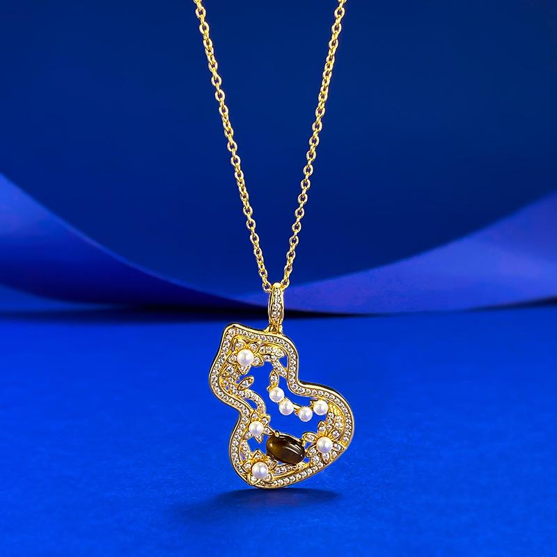 2025 S925 Sterling Silver Gold-Plated Gourd Necklace with Tiger Eye and Pearl Inlay - New Chinese Style Jewelry 925 Silver