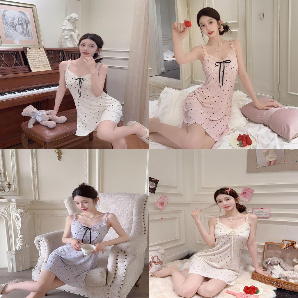 Ice Silk Sleep Dress For Women With Vneck Sleeveless Cute Heart Pattern Summer Nightwear