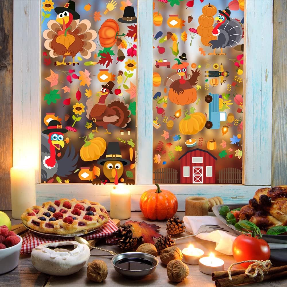 350pc Thanksgiving Window Clings Fall Window Stickers Decor for Offices Autumn Leaves Home School Office Thanksgiving Party Decorations Supplies