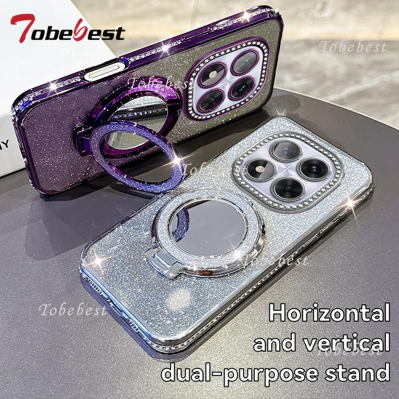 Diamond Glitter Magsafe Mirror Magnetic Holder Case For Xiaomi Redmi Note 14 13 12 11 10 Pro 4G 5G Cover