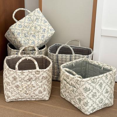 Pastoral Style Fabric Storage Basket with Handle Quilted Laundry Hampers Big Capacity Portable Underwear Sorting Basket for Home
