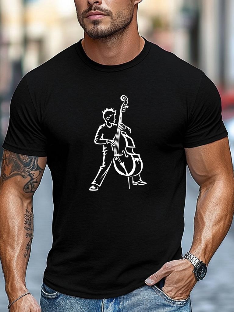 Unisex Black Crew Neck Tee White Line Art Rock Musician Playing Double Bass Upright Cello Jazz Band Performer Soft Cotton Male Tops