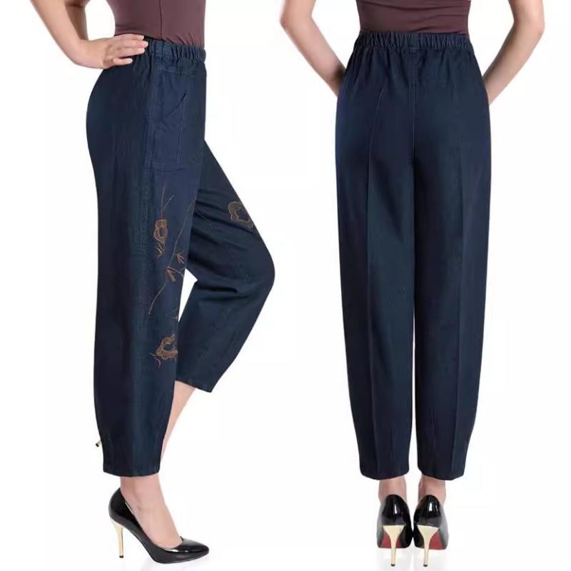 Pantaloni de vârstă mijlocie și bătrâni Blugi brodați de mărime mare Blugi lantern elastici largi pentru femei cu talie înaltă