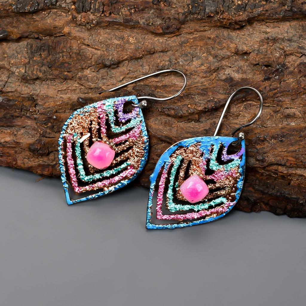 Natural Pink Sapphire Copper Multi Electroformed Art Deco Drop Dangle Earrings V-90