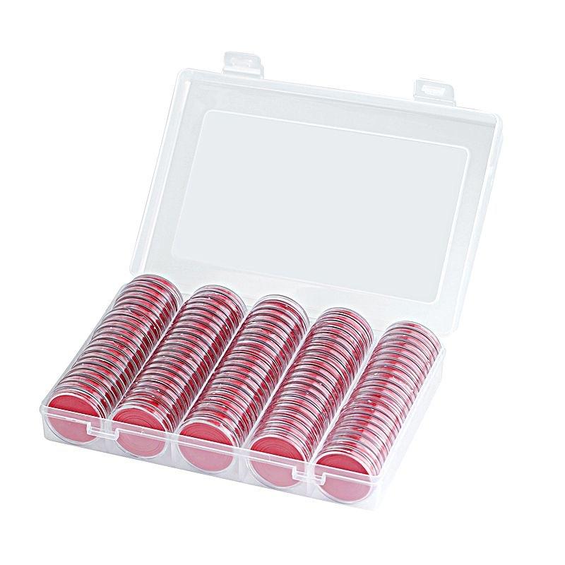100 Stuks Muntcapsule Hoesje en Verstelbaar (17/20/25/27/30mm) Beschermende Zwarte Pakking Munt Houder met Plastic Opberg Organizer Doos