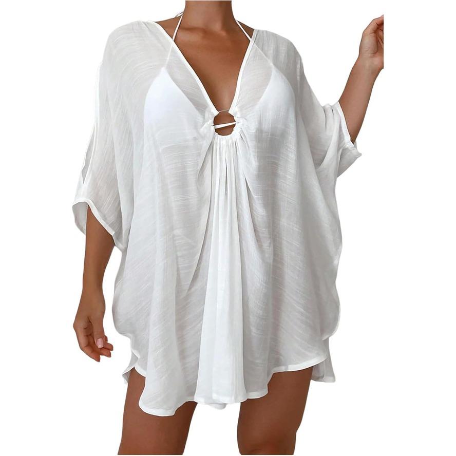 

YYFS женские модные повседневные летние весенние однотонные блузки и рубашки с рукавами 1/2 и v-образным вырезом с принтом Size: One Size белый