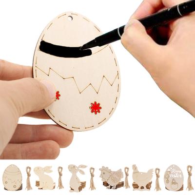 10 Stück Osteranhänger mit Umhängeband, Kaninchen, Ei, Henne, Hahn, Form, Ostern-Themen-Anhänger aus Holz, Osterdekoration