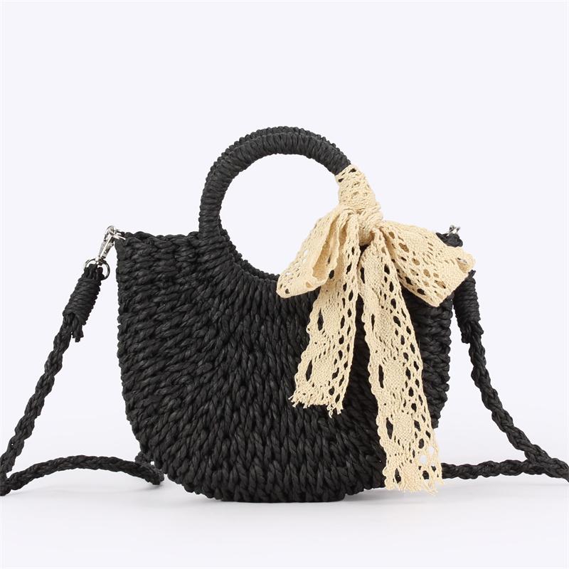 CLE Modieuze Rieten Mand Tas Dames Enkele Schouder Diagonaal Kruis Handgemaakt Geweven Gras Tas Casual Reisstijl Kleine Tas  23*18*7cm zwart