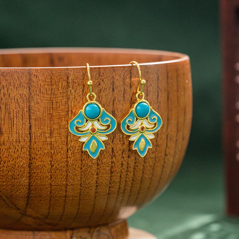 JMXD-Artificial Turquoise Enamel Earrings Jewelry Gold-plated Ethnic Style Retro Literary Texture  Female Chinese Style