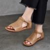 Johnature Peep Toe Flat Sandals Retro Genuine Leather Comfortable Soft Sole Versatile Women's Shoes