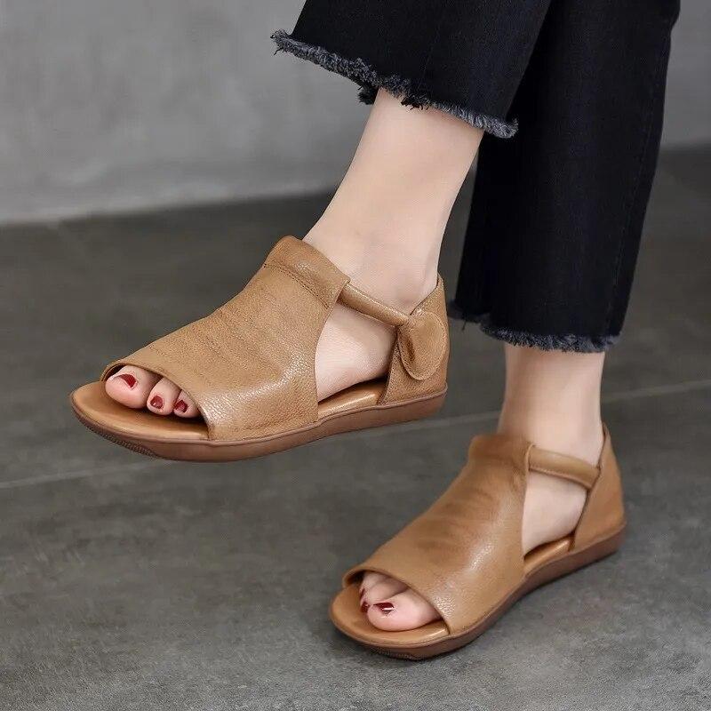 Johnature Peep Toe Flat Sandals Retro Genuine Leather Comfortable Soft Sole Versatile Women's Shoes