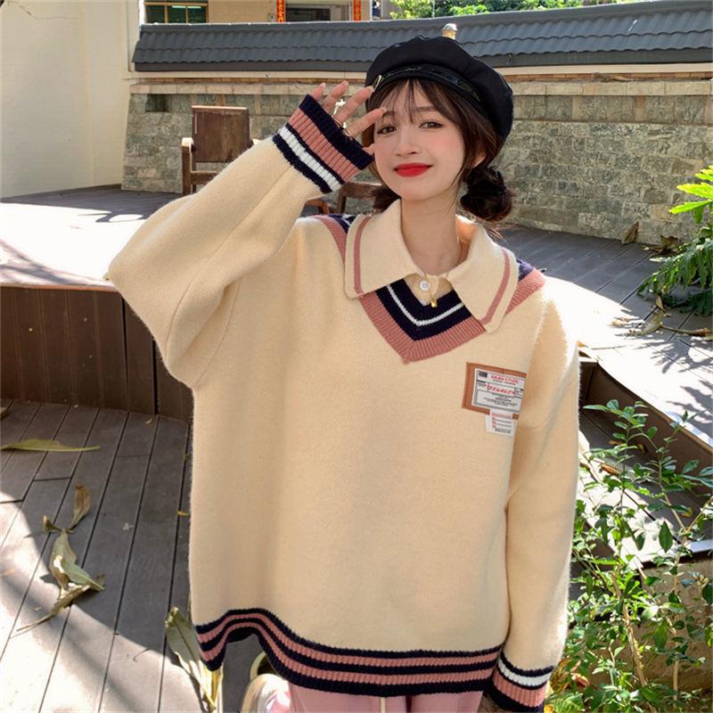 Поддельные два свитера с воротником-поло для женщин, осенне-зимний возраст, снижение возраста, студенческий стиль, мягкий восковой ленивый свитер с индивидуальным дизайном One Size абрикосовый
