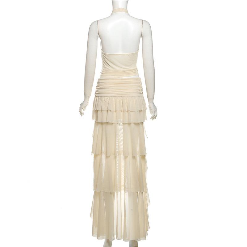 Women's Solid Color Halter Crop Top & Low Waist Ruffle Maxi Skirt Set, Two Piece Party Outfit