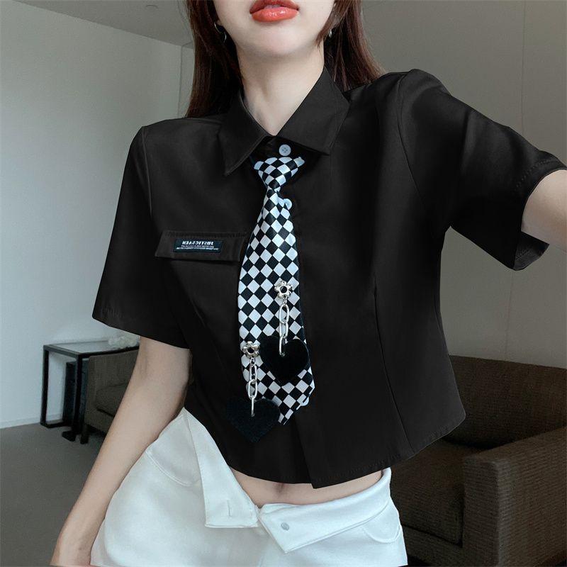 Summer New Year White Shirt Korean Version of The Casual Short Shirt Love Plaid Tie Blouse Female