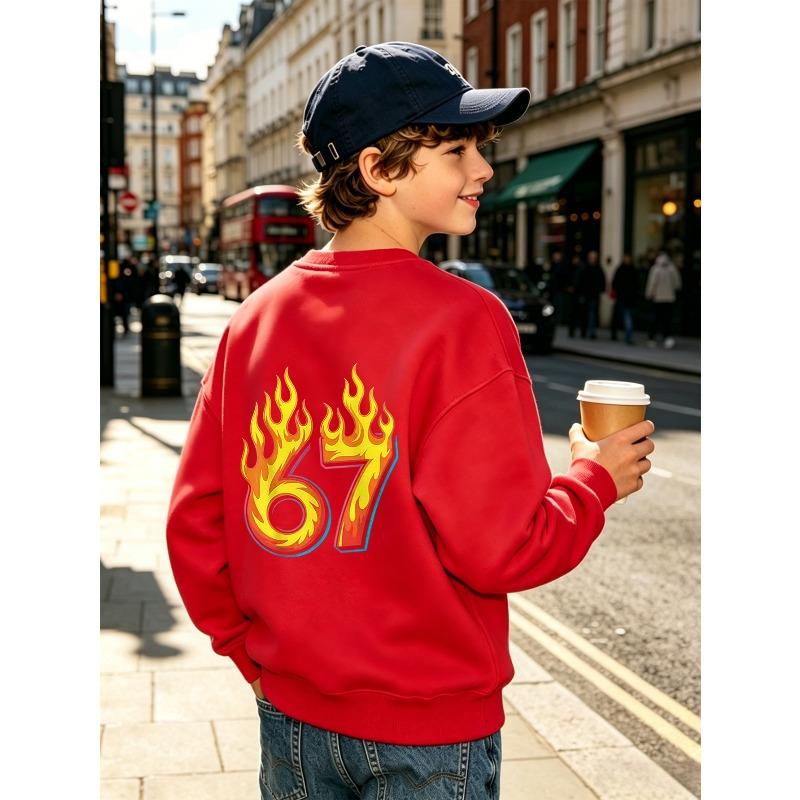 Kids Unisex Crewneck Sweatshirt, Back Print Flame Number 67 Long Sleeve Pullover, Boys Girls Casual Birthday Sweatshirt For Kids Over 4 Years Old