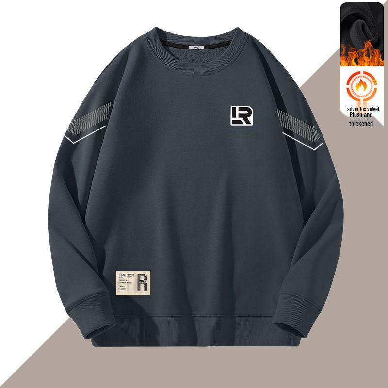 

Men s Round Neck Printed Hoodie, Plus Velvet, Casual Loose Fit, Long Sleeve, Fashionable Base Layer for Autumn/Winter. 2XL (130-145 jin)