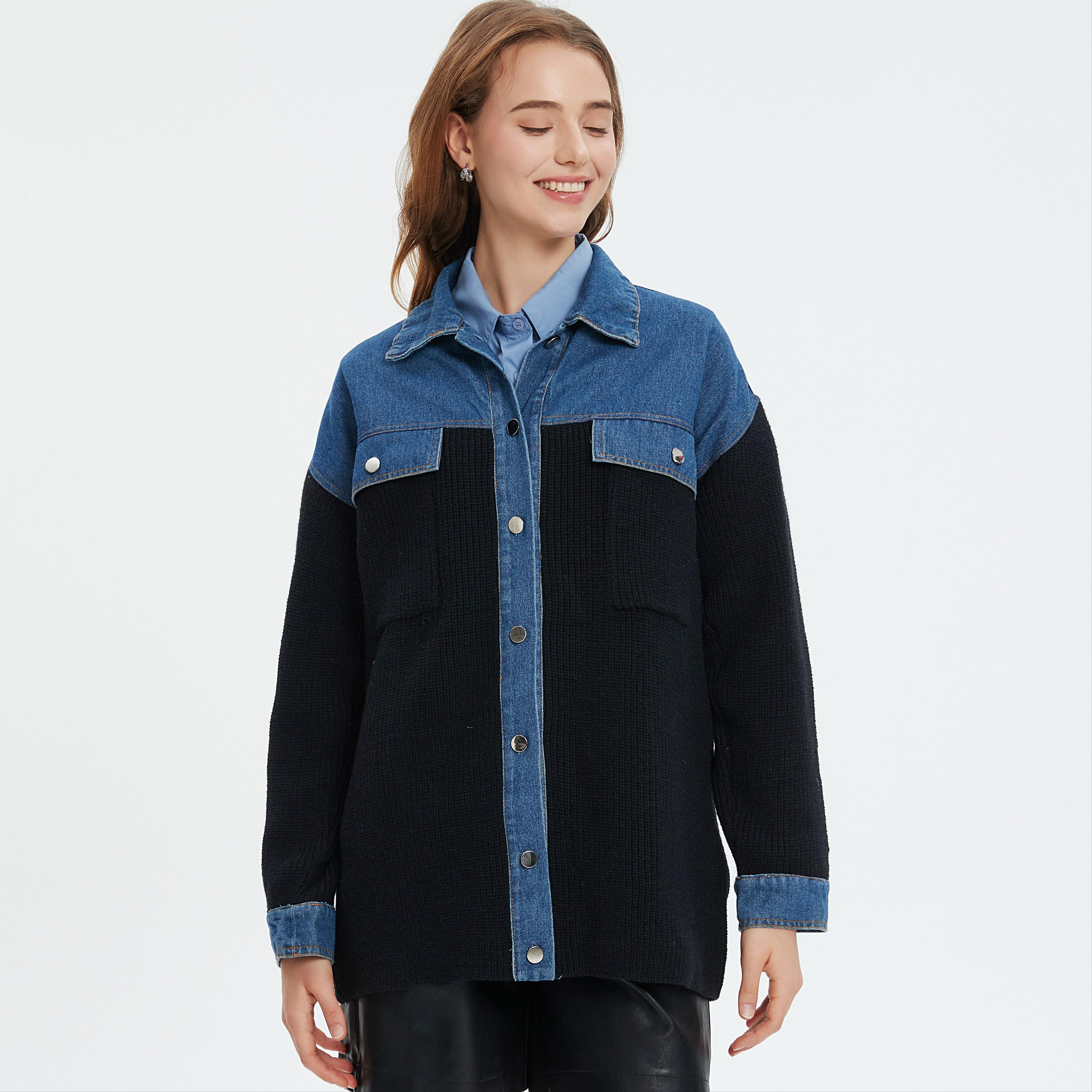 

DIMANAF 2025 Осень Новая Женская Куртка Свитера Пальто Пэчворк Ватник Кардиган Вязаный Карманы Имитация Двойки Свитер One Size чёрный