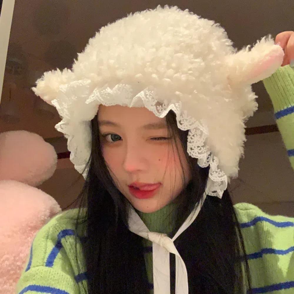 Y2K Schafsohren Plüschmütze Japanischer Stil Ohrenschutzkappe Randlose Beanie Lammwollmützen Frauen