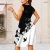 Women Plus Size Black Grey White Camouflage Printed Round Neck Sleeveless A Line Long Dress