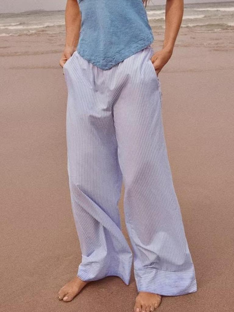 Damenmode Gestreifte Kordelzug Schnürung Gerade Hose Vintage Mittelhohe Elastische Taille Damen Schicke Damenhose