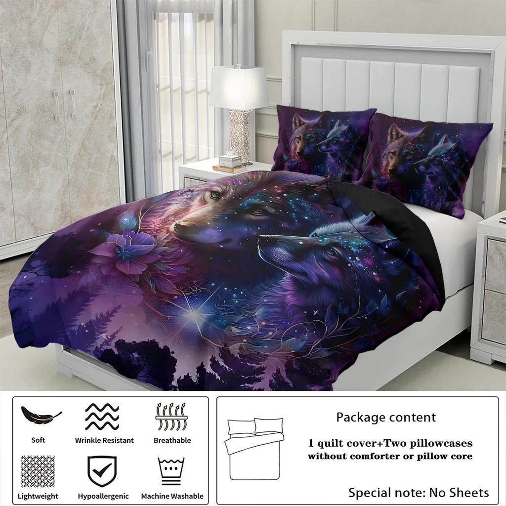 3Pcs Wolf At Night Pattern Printed Bedding Set, 1*Duvet Cover+2*Pillowcase, Suitable For King Bed, Single Bed For All Seasons