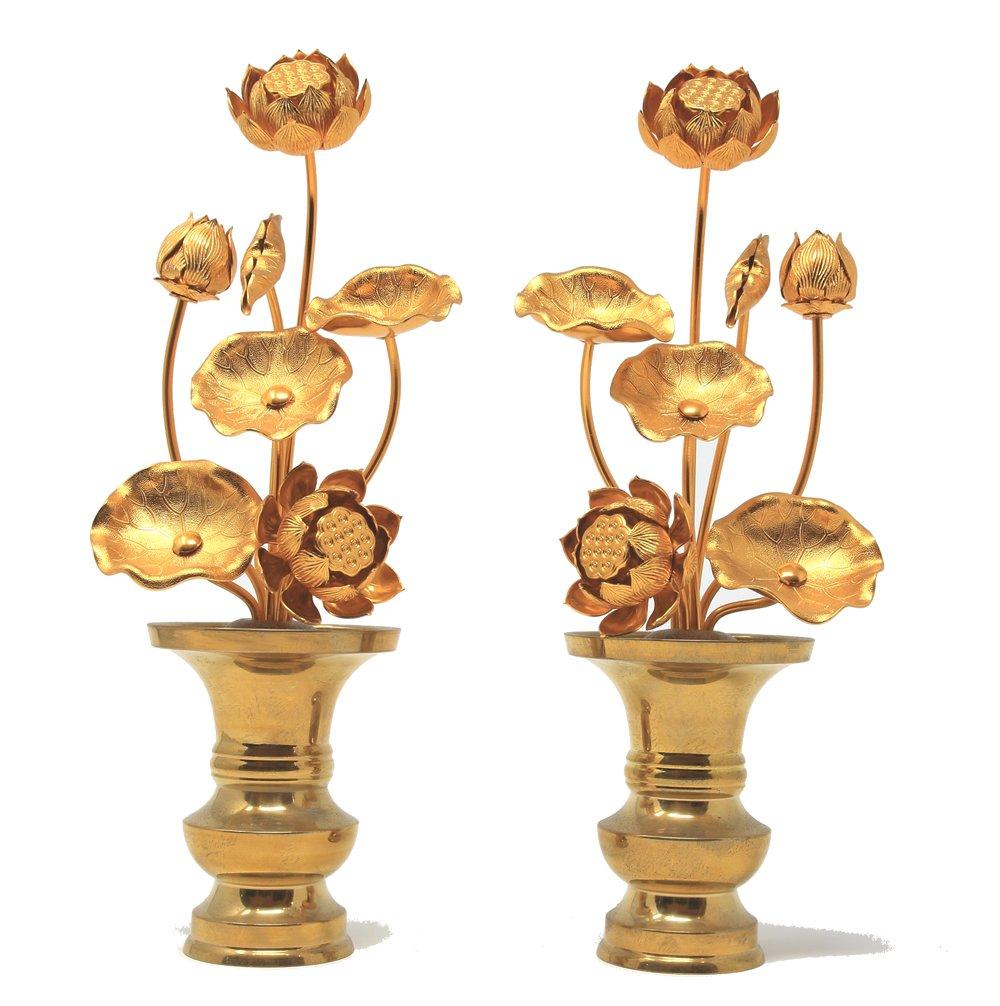 Matsuyama Shinto Buddhist Supplies Store Tokobana Set with Vase, Size 5, 7-Stem, Pair (Set of 2), Buddhist Flowers, Aluminum Flowers, Brass Vase, Gold