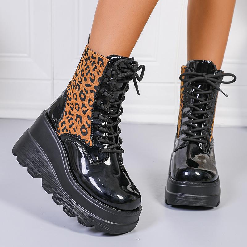 Fashion Leopard Print Wedge Ankle Boots for Women Plus Size Chunky Platform Gothic Punk Boots Woman Thick Bottom Non Slip Combat Booties