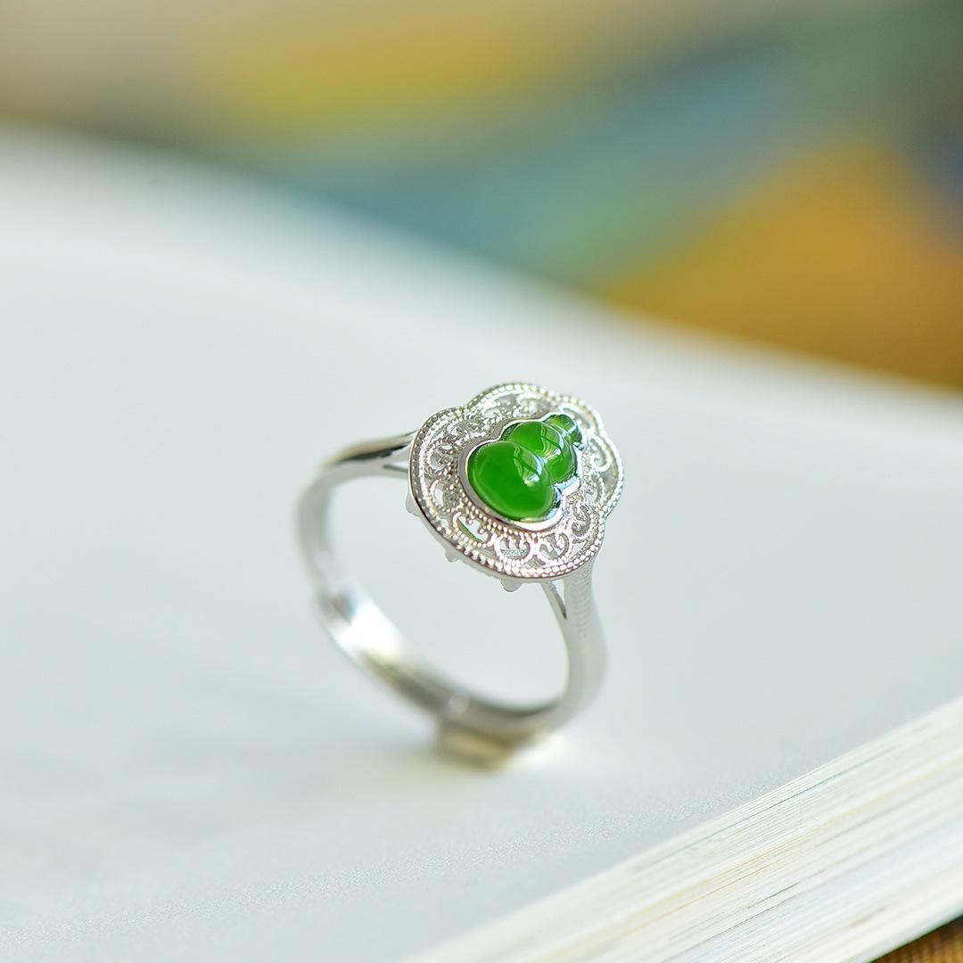 

Нефритовое кольцо в дворцовом стиле: Серебро 925 пробы Тыква Фулу с инкрустацией нефритом Хэтянь Adjustable Open Size