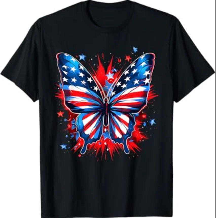 4th of July Butterfly USA Flag Cute American Women Girl T-Shirt 2XL