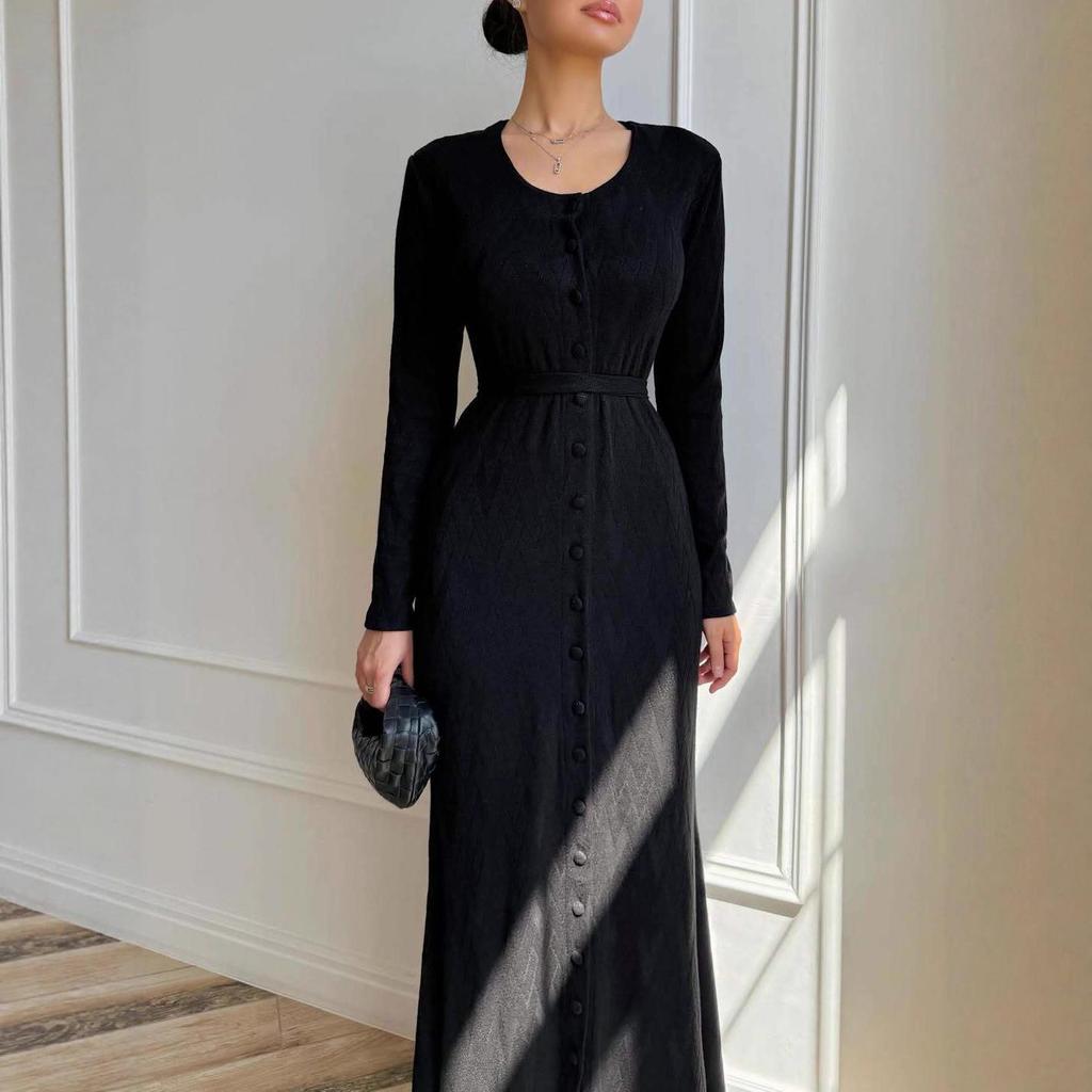 2025 Autumn Women's Retro European & American Style Slimming Buttoned Round Neck Long Sleeve Dress