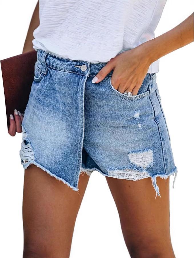 2025 European Summer Casual Denim Skirt with Ripped Detail in Light Blue