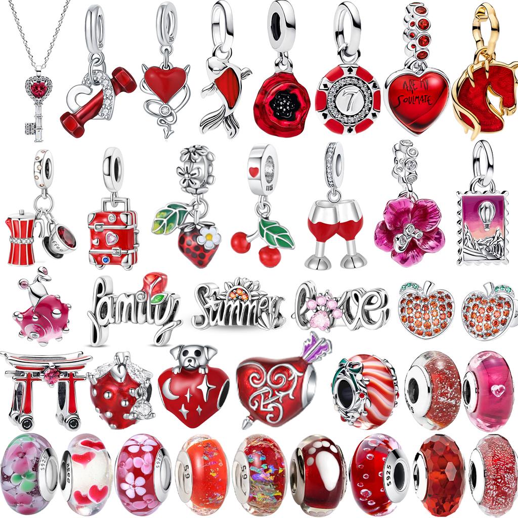 925 Silver Charms Flower Red Murano Glass Beads Earring Pendant Bracelets Necklaces Womens DIY Jewelry Gift