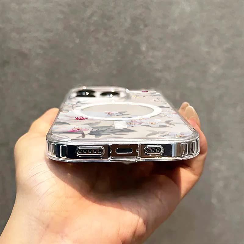 Magnetic Cover For iPhone 17 16 15 14 13 12 11 Pro X XS Max XR 7 8 Plus 16E Wireless Charge Transparent Phone Case Floral Design