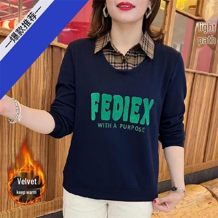 

Plush Velvet Thick Plus Size POLO Collar Sweatshirt for Women - Autumn/Winter Loose Fit, Slimming, Age-Reducing Style 5XL (191-210 jin) темно-синий